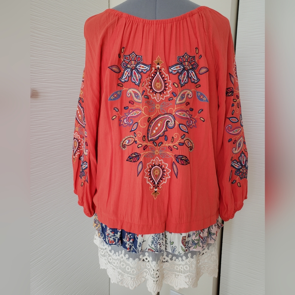 John Mark Boho Coral Embroidered Top Tunic Size L - Picture 6 of 8
